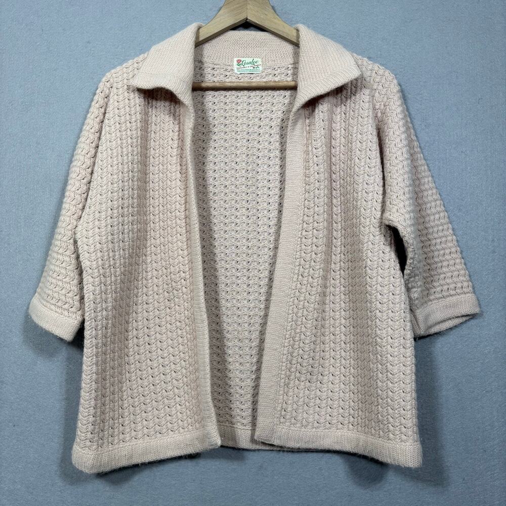 Rosalee Cardigan L Beige Knit Open Front 3/4 Sleeve Vintage Soft Minimalist READ